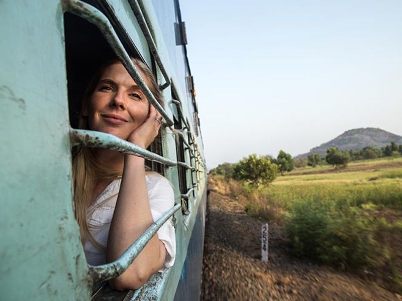 Women looking through the train window.