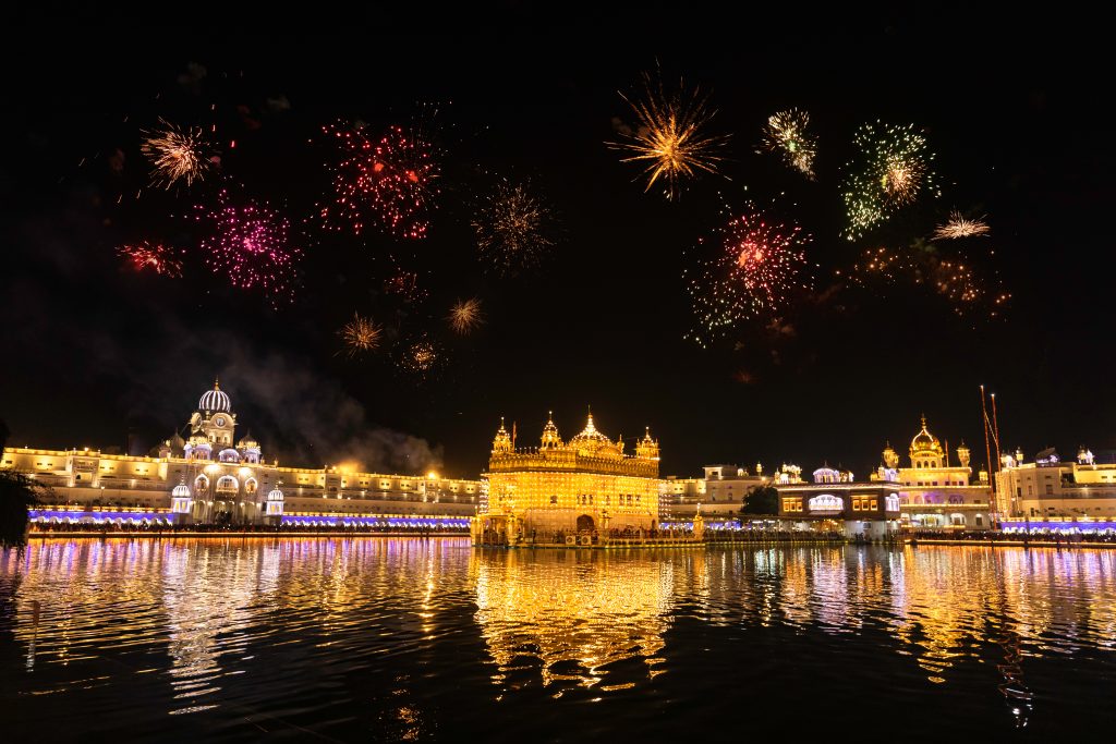 Night view of Golden Temple in Amritsar on Guru Nanak Jayanti. 